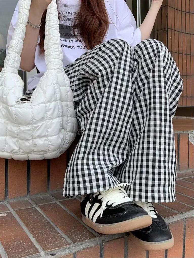 Plaid Colorblock High-Waist Straight-Leg Summer Pants - Women's Trendy and Versatile Floor-Length Design