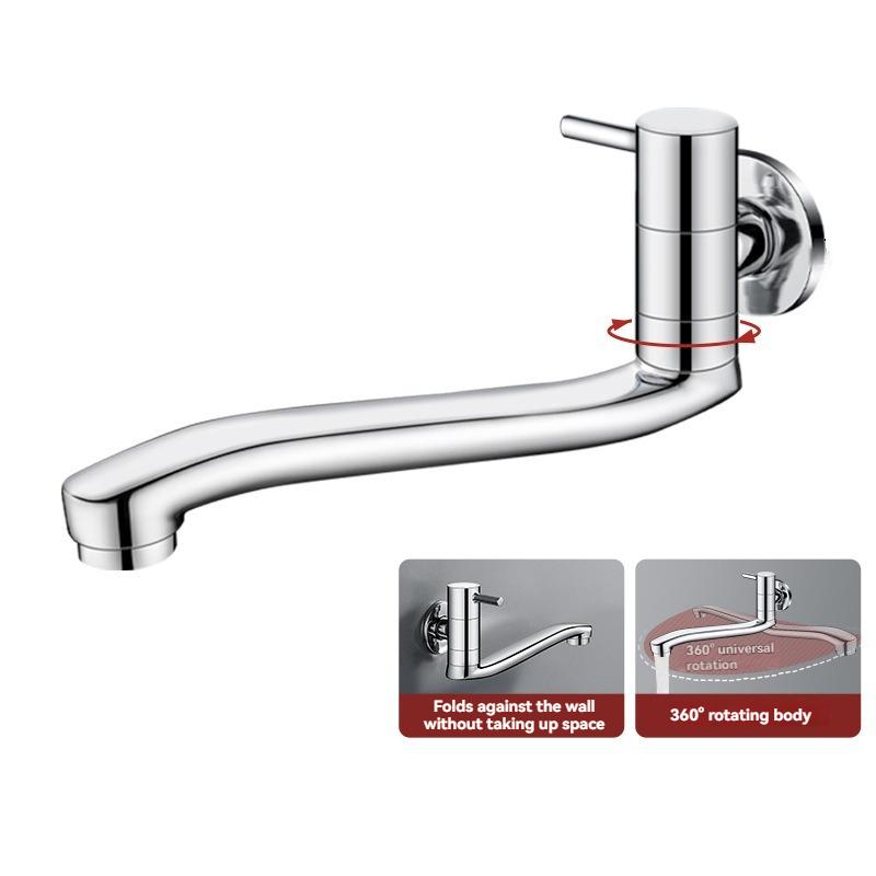 Wall Mounted Single Cold Water Faucet Chrome Plated Stainless Steel Swing Spout Sink Space Saving Tap