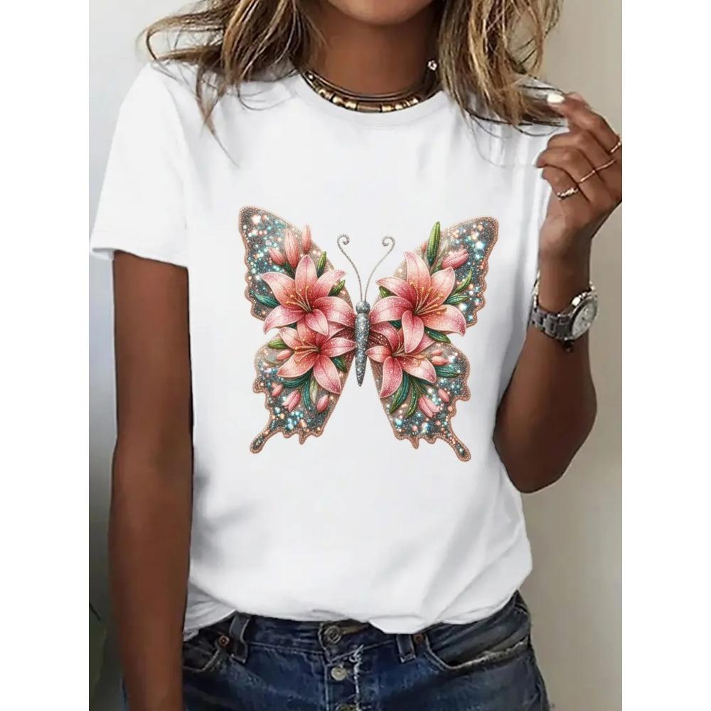 

Женская футболка с принтом цветов и бабочек, топ с коротким рукавом и круглым вырезом, женская повседневная футболка, летняя женская одежда 6XL