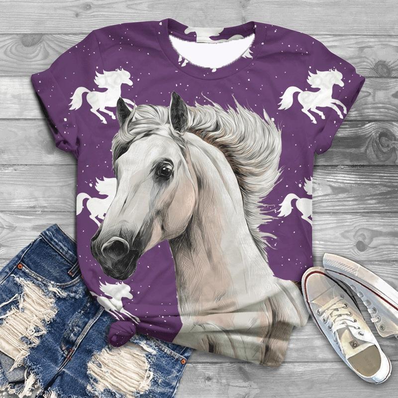 New Women T-Shirts Horse 3D Print Women's Round Neck Short Sleeve T Shirt Animal Graphic Tees Harajuku Y2K Tops Female Clothing