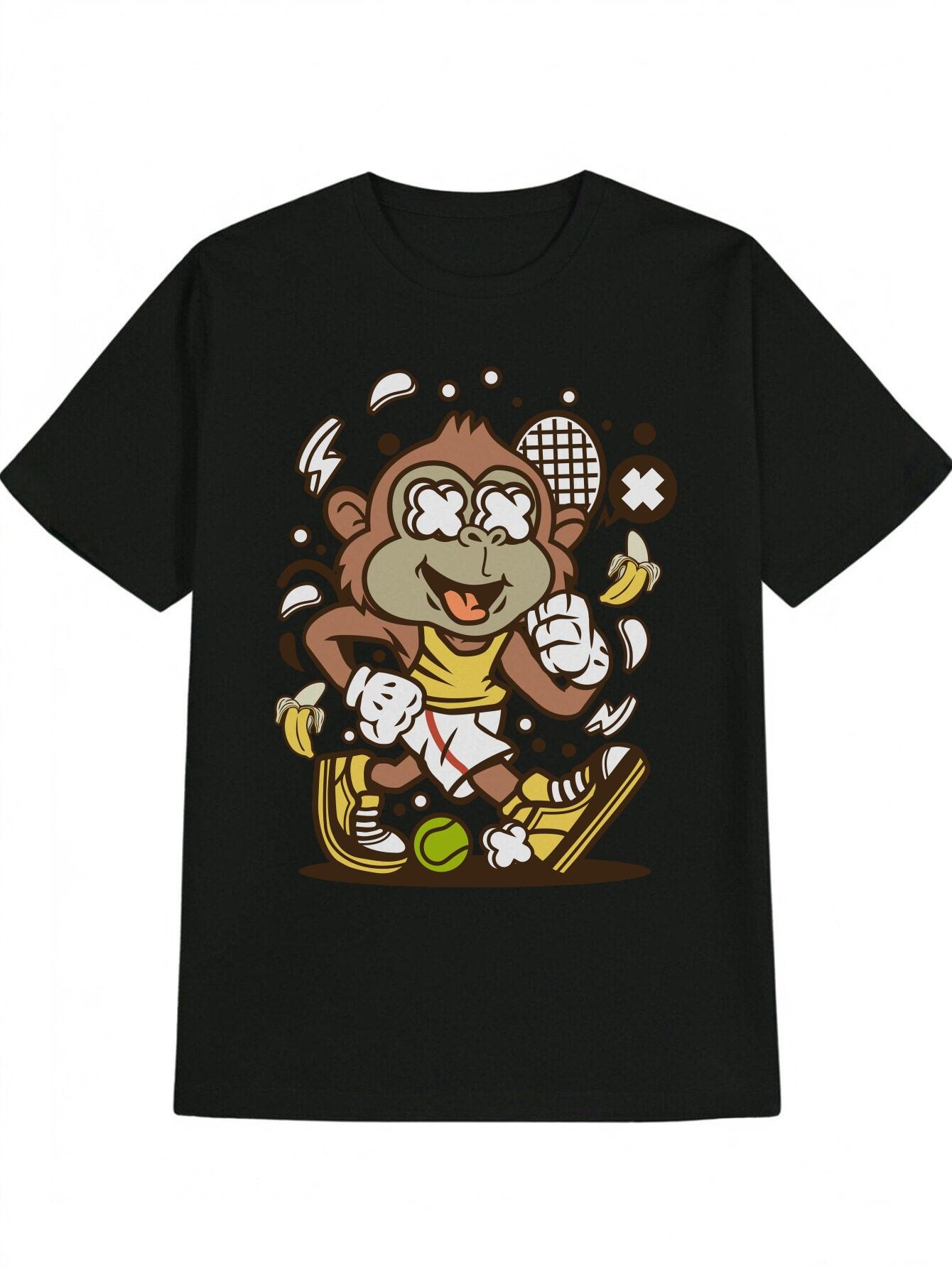 Casual Crew Neck T-shirt with Cartoon Monkey Tennis Graphic - Yellow Sports Vest Print XXXL