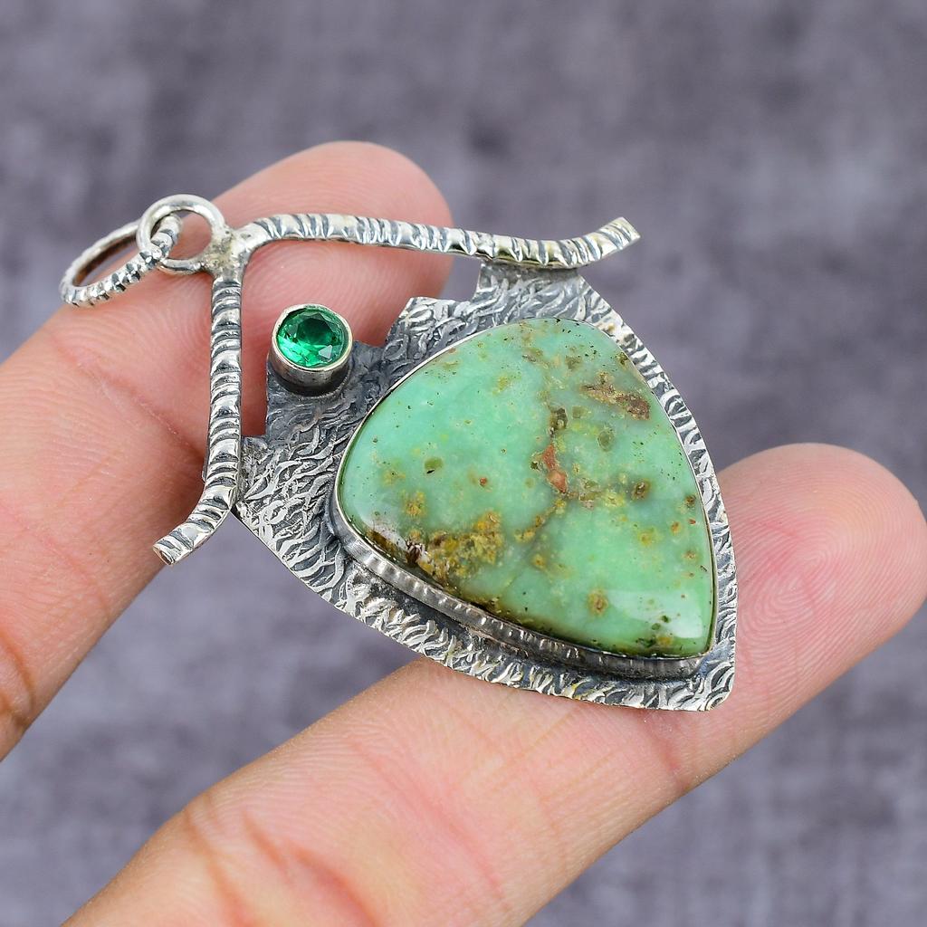 Chrysoprase, Diopside Handmade 925 Sterling Silver Pendant 2.25" q2Q46