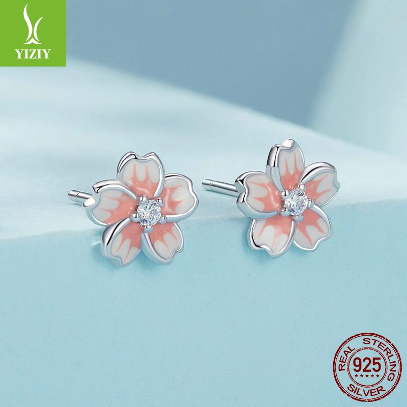 Pink Gradual Change Cherry Blossom Stud Earrings, Romantic Flower S925 Sterling Silver Exquisite Earrings Birthday Gift