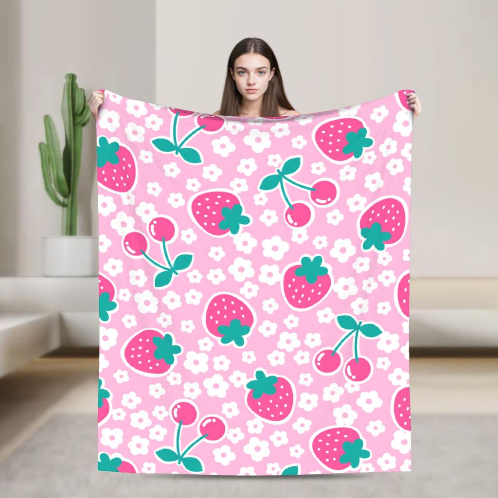 Pink Strawberry Print Flannel Blanket  Warm Soft Throw Blanket for Bedroom Camping Street Trend Bedspread Sofa Bed Cover