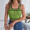 Women's Fashion Casual Contrast Color Square Neck Button Bare Navel Sleeveless Sweater Vacation Top