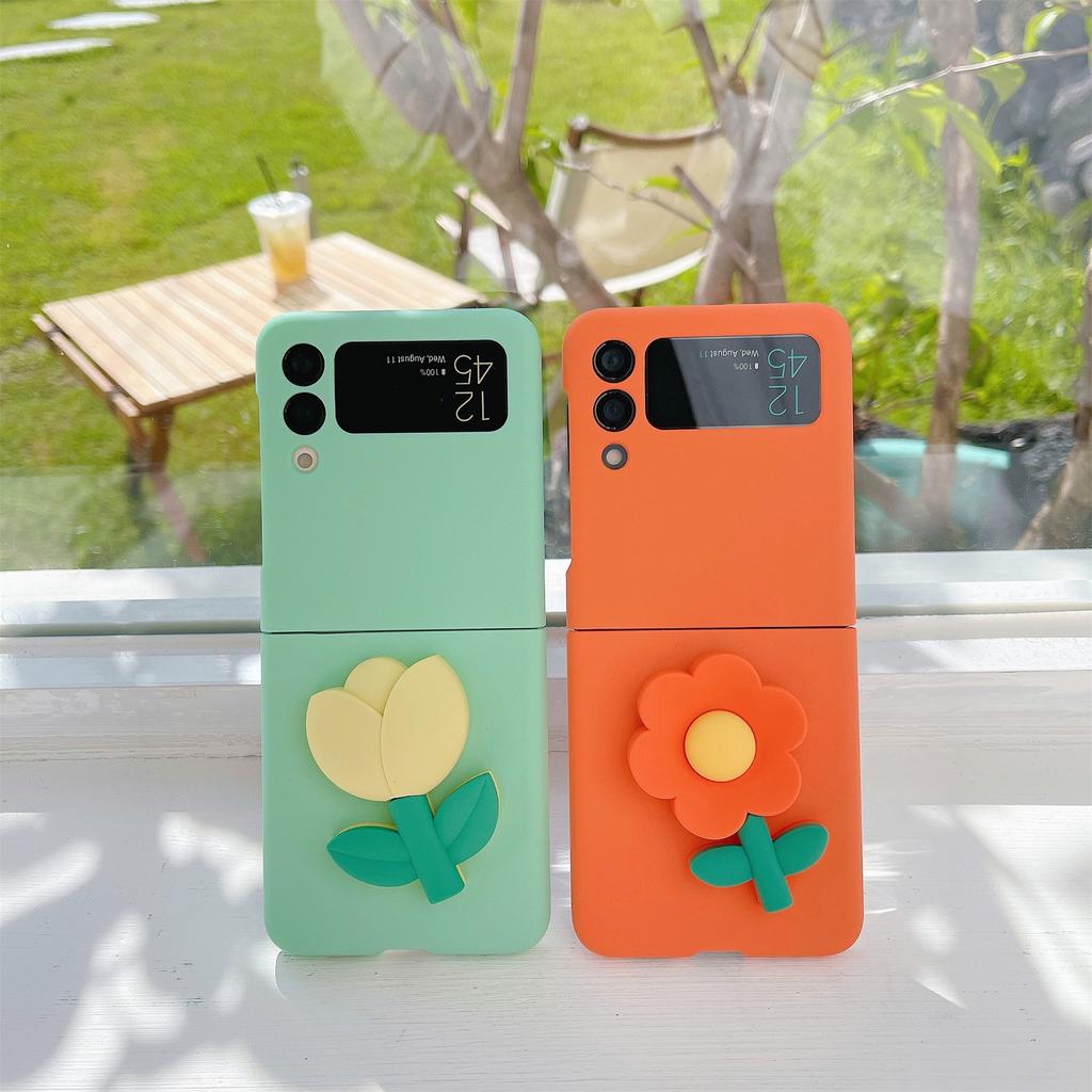 Cute Korean 3D Flower Tulip Orange Mint Green Solid Color Case For Samsung Galaxy Z Flip 6 5G Z Flip5 Flip4 Zflip3 Soft Cover