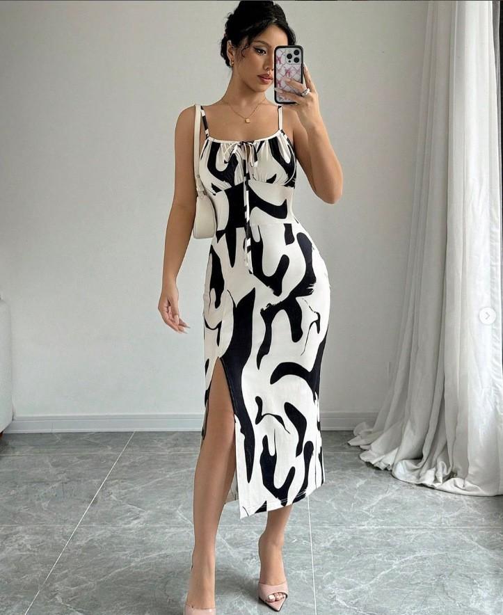 Women's Clothing European, American Spring and Summer New Fashion Printing Slim-fitting Suspender Split Dress Waist