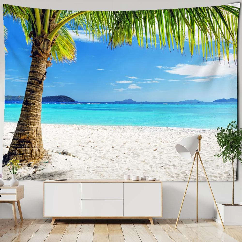 Sunset Coconut Tree Seaside Scenery Tapestry Bohemian Style Aesthetics Room Background Cloth Tapiz Decor