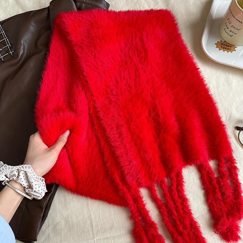 Luochi Knitting~Candy Color Plush Scarf: Soft, Skin-Friendly, Warm Tassels & Braids, Versatile Winter Neck Warmer for Women.
