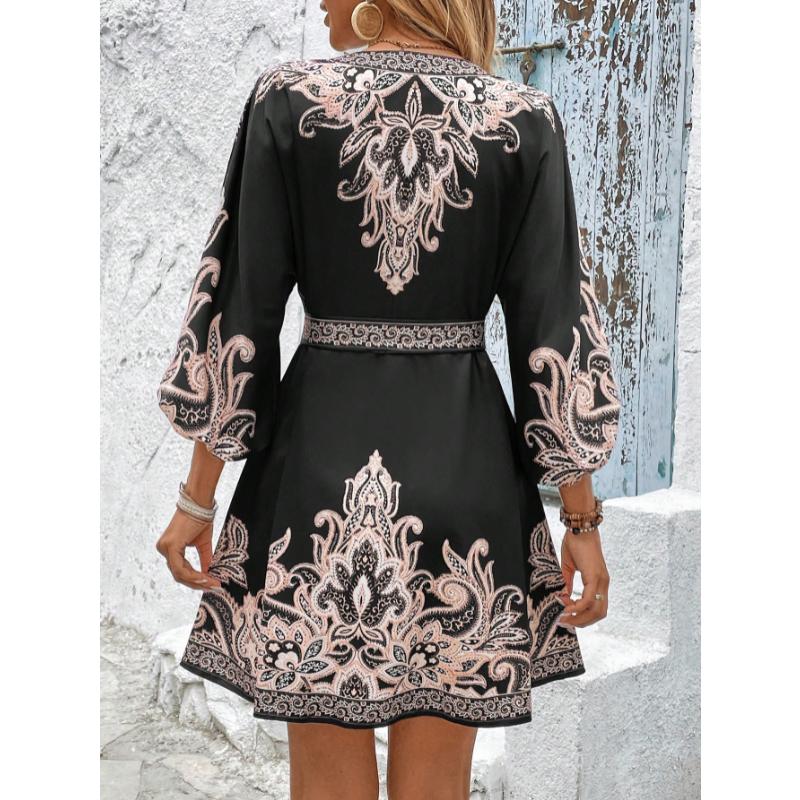 New Women's Printed V-Neck Dress, Three-Quarter Elbow Sleeve Tie Waist A-Line Midi Dress for Summer Casual Party Daily Wear