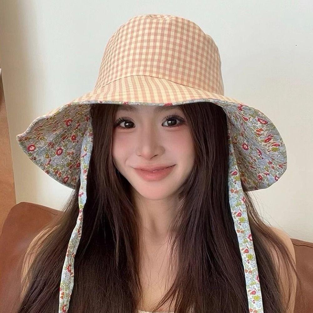 Floral Hiking Fisherman Hat Sun Protection Heart Printed Bucket Hat Plaid Hiking Cap  Travel
