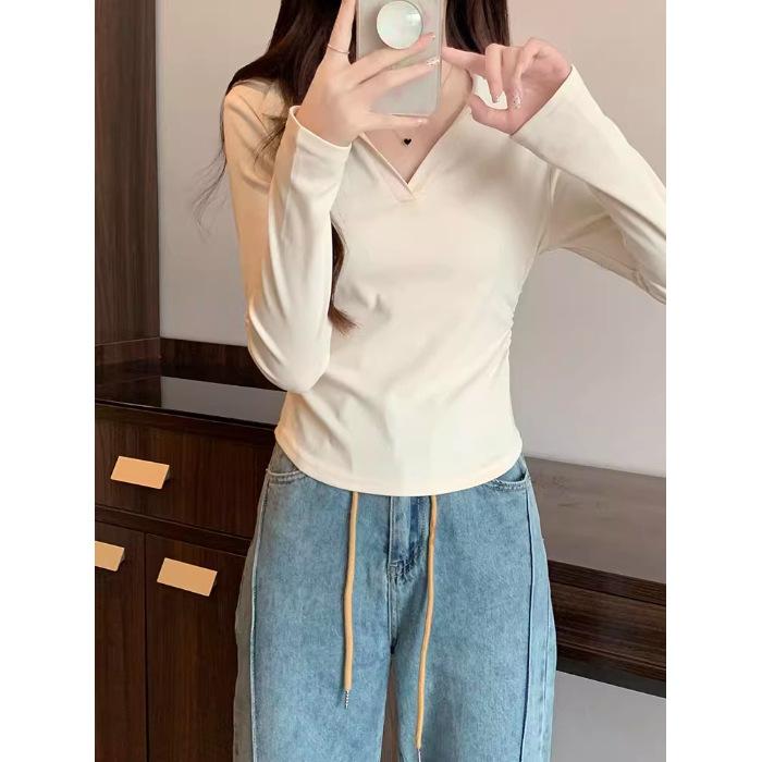 Korean POLO collar versatile long-sleeved front shoulder T-shirt women's autumn spice girl pleated waist and thin bottoming shirt top
