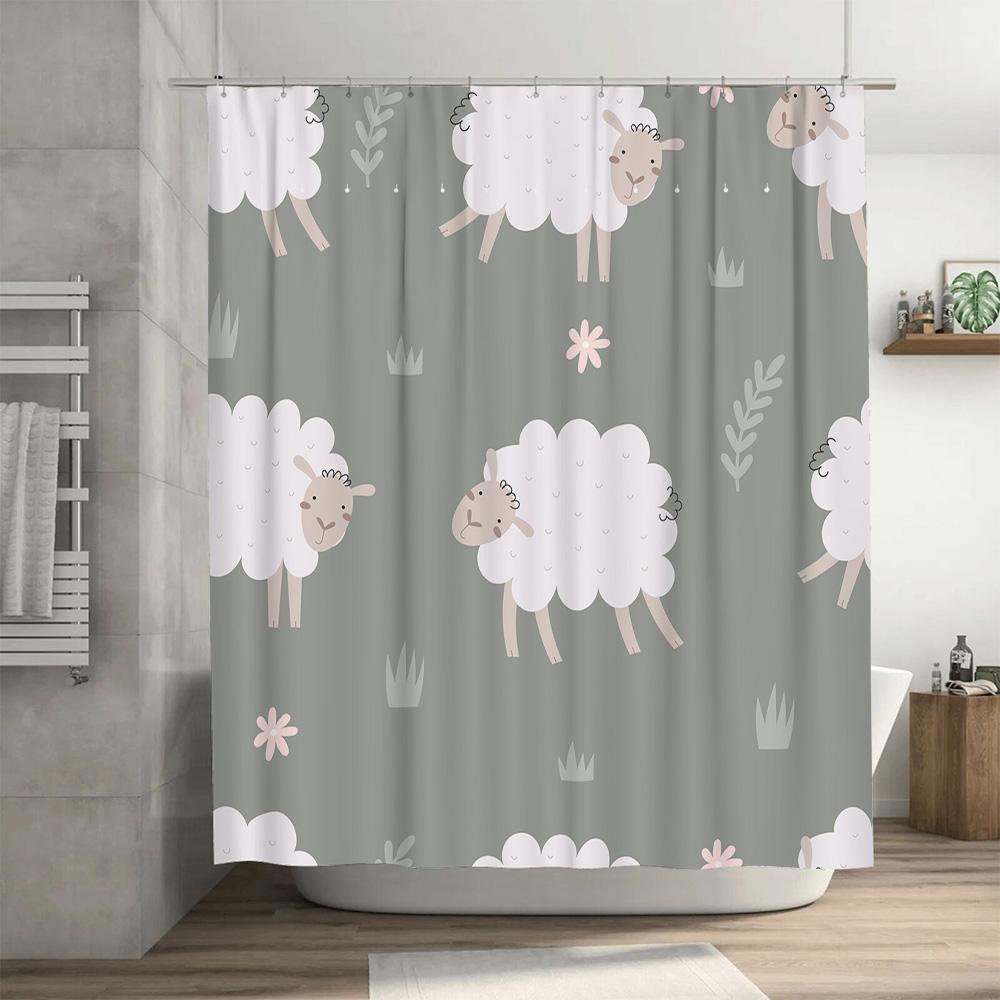 Whimsical Sheep Print Shower Curtain Set for Bathroom Decor Pink White Floral Design Fabric Bath Rug with Rings TaurusDuan