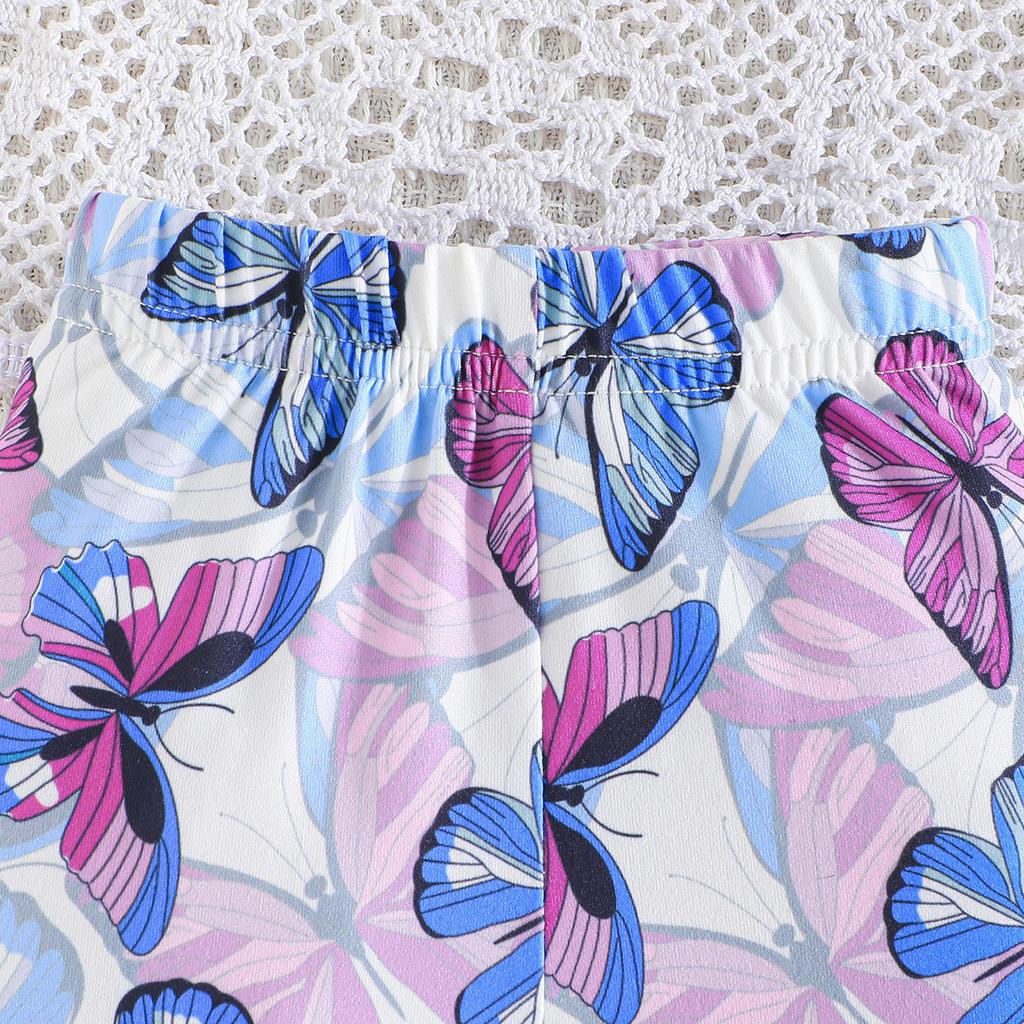 New Summer Baby Girl Flying Sleeve Solid Color Top + Butterfly Print Long Pants Two-Piece Set