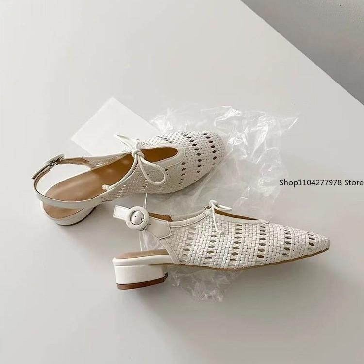 Fashion 2025 Summer Hollow Woven Breathable Shoes Women Sandals Bow Pointed Toes Leather Shoes Summer Flat Casual Sandals Rome Shoes