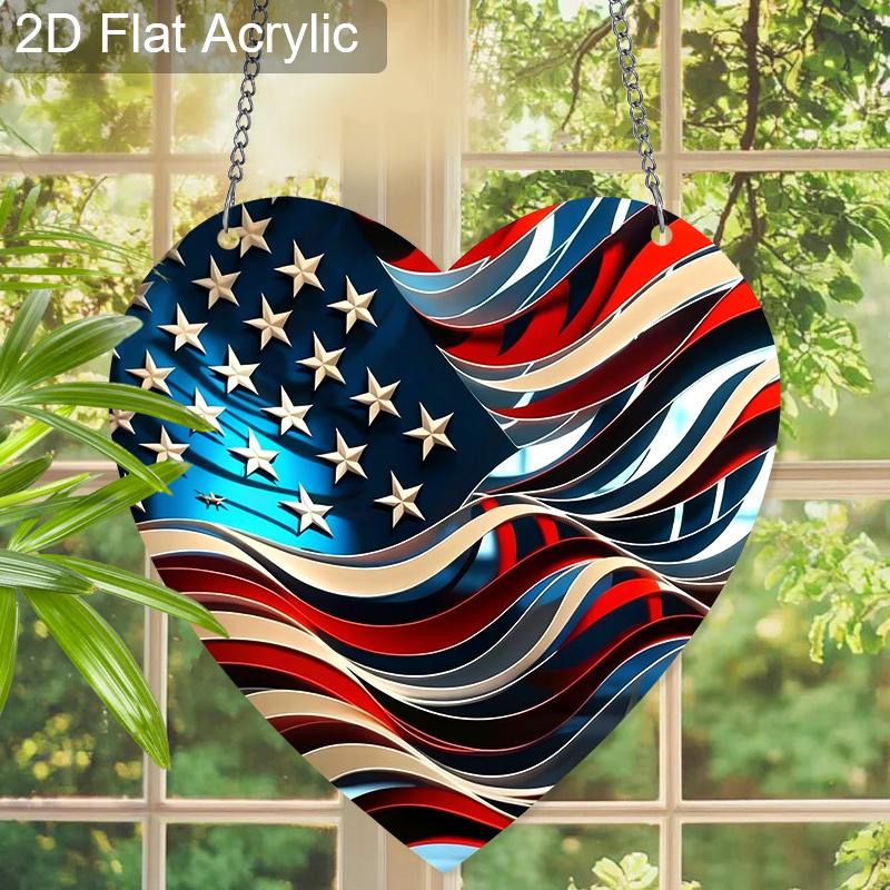 2D Flat Acrylic USA 250th Anniversary Suncatcher, 7.87in Heart American Flag Window Hanging Decor, Independence Day Memorial Day Gift