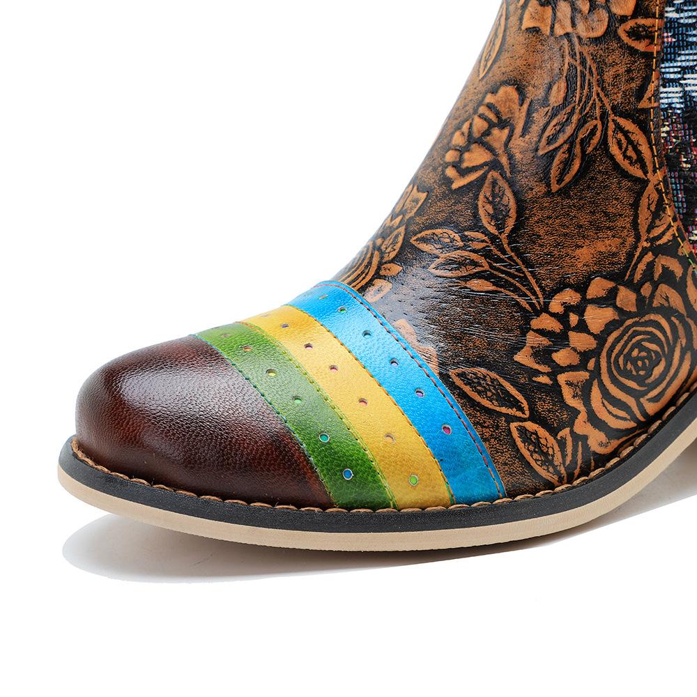 Johnature Handmade Genuine Leather Shoes Printing Contrast Retro Casual Comfort Women's Short Boots