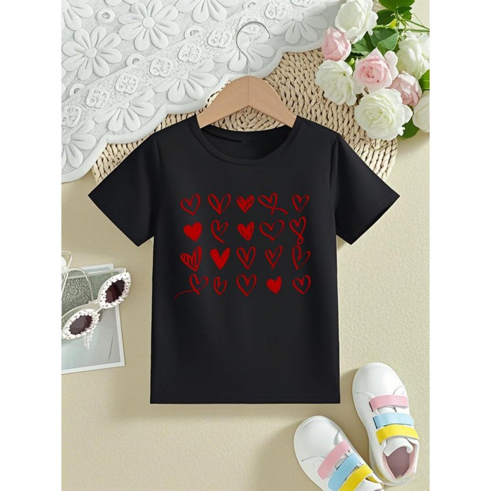 Red Love Hearts Printed T Shirt Girls Valentine'S Day Gift T-Shirt Kawaii Kids Clothes Summer Short Sleeve Black White Shirt