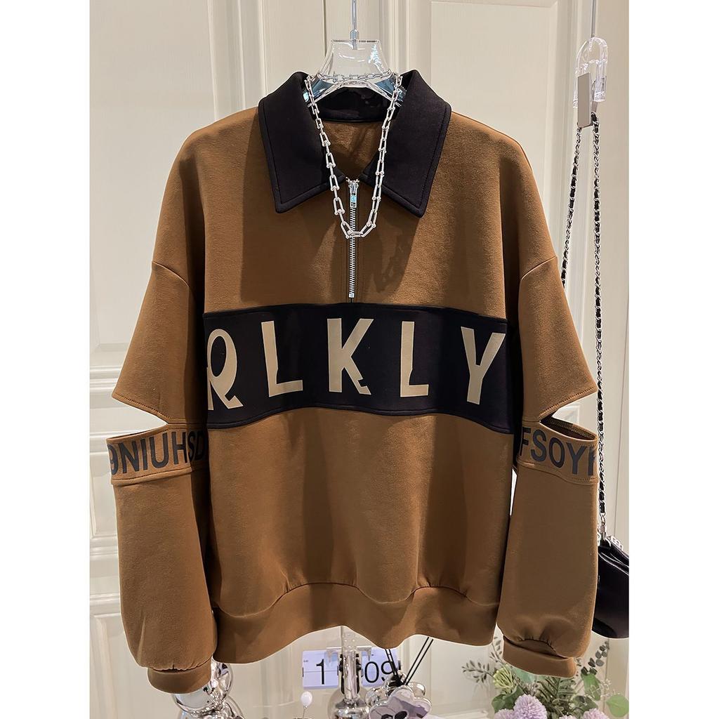 Plus Size Women Long Sleeve Hoodie Spring Autumn Loose Casual Oversized Lapel Zipper Patchwork Sweatshirt