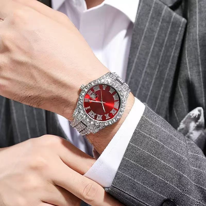 European and American Men's Watches, Steel Belt Diamond-encrusted Calendar Quartz Watches, High-end Roman Scale Business Leisure Watches