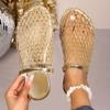Women's Golden-Tone Woven Jute-like Moccasin Slippers - Open-Toe Arch with Lace-Up Strap & Rubber Sole, All-Season Casual Shoes with Faux Cover Insole