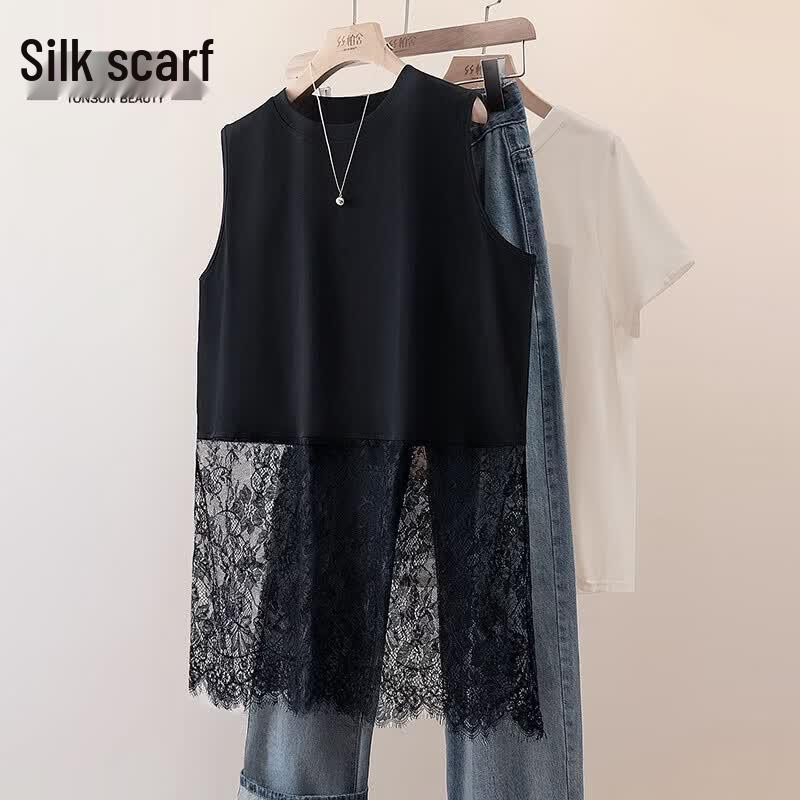 Women s Round Neck Lace Splicing Vest T-Shirt S