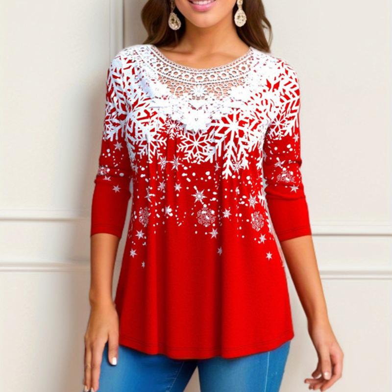 

QICED Женская футболка большого размера с длинным рукавом, кружевным принтом и рождественскими элементами, свободного кроя XXXXXL красный