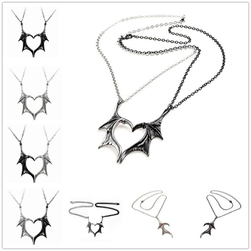 2 Pcs/Set Exquisite Bat Wing Heart Couple Necklace Heart Wing Pendant Necklace Set  Jewelry Decoration Gift for Girl Boy