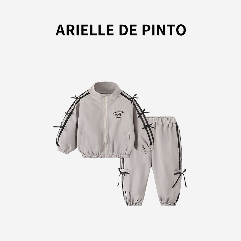 Осенний наряд для девочки Arielle De Pinto (Франция), Модный повседневный комплект из двух предметов с бантом, Детская одежда Gray 140