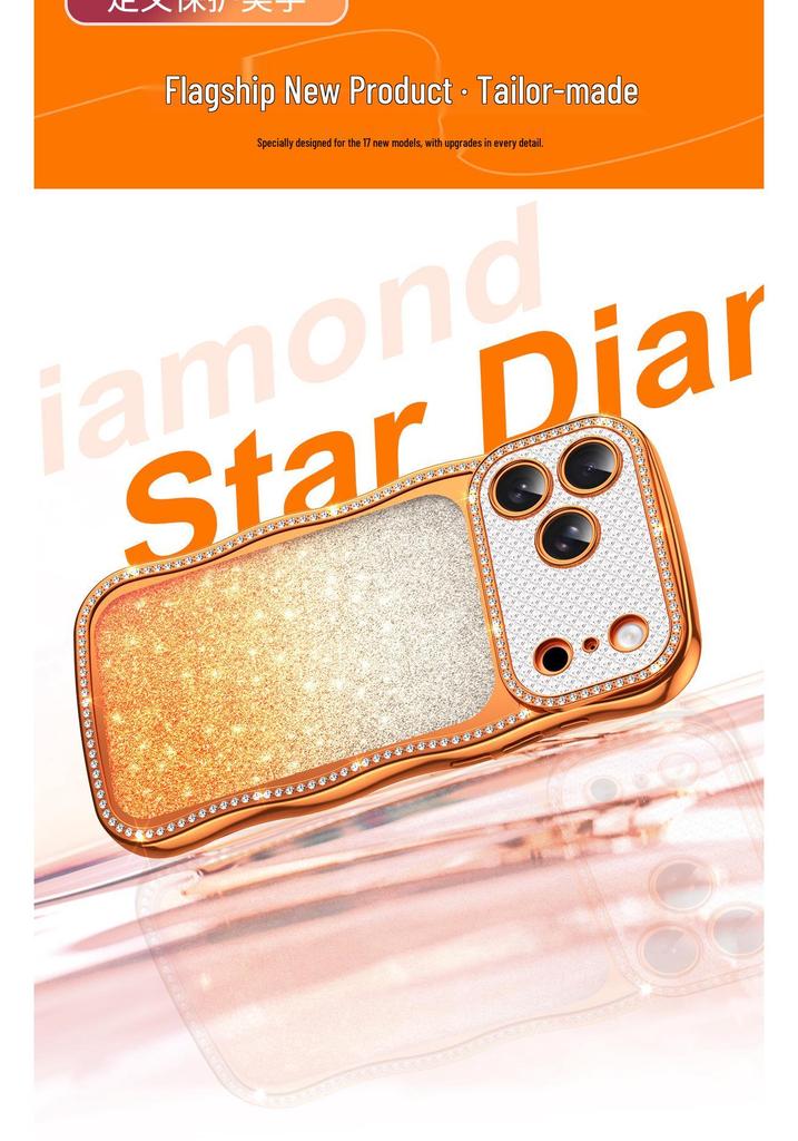 Apple 17 Pro Max Glitter Wave Gradient Case for iPhone 16: Rhinestone Protective Cover, High-End Feel, Compatible with iPhone 15.