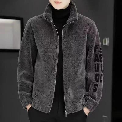 Men's Embroidered Lambswool Stand-Up Collar Coat for Autumn/Winter