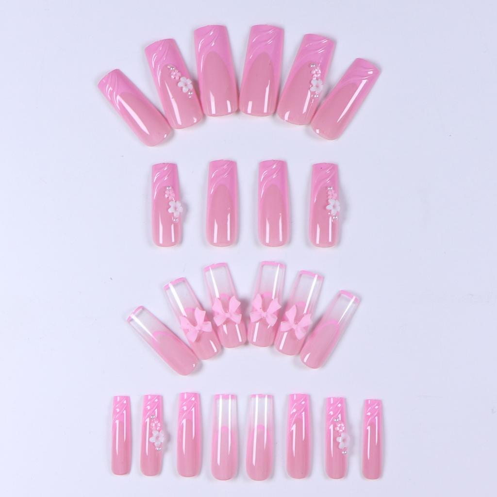 24Pcs Long Coffin Press On Nails, Pink French Tips with 3D Bow & Flower, Full Cover Fake Nails for Dating & Dinner