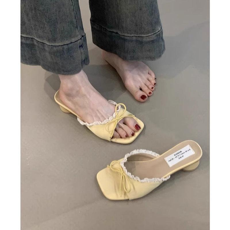 Bow Square Heel Cool Slippers Women's Outer Wear Summer New Versatile Temperament Elegant Thick Heel One-word Drag