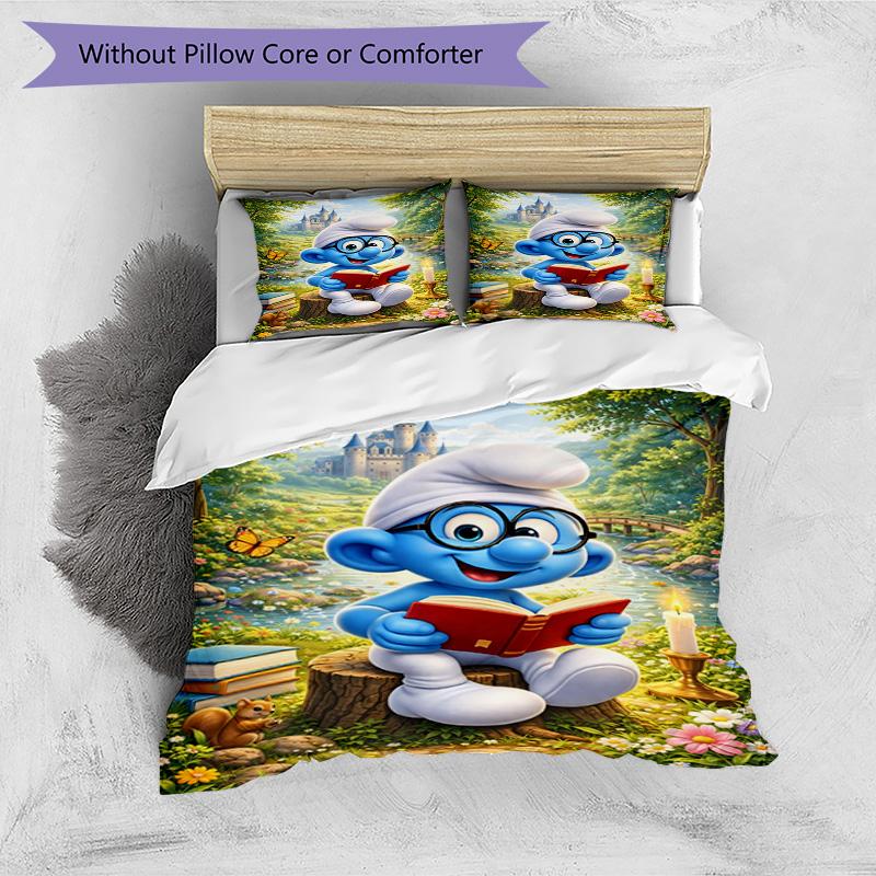 3pcs Duvet Cover Set (1*Duvet Cover + 2*Pillowcase, Without Core), Blue Smurfs Print Bedding Set, Bedroom Decor, All‑Season, Birthday Gift