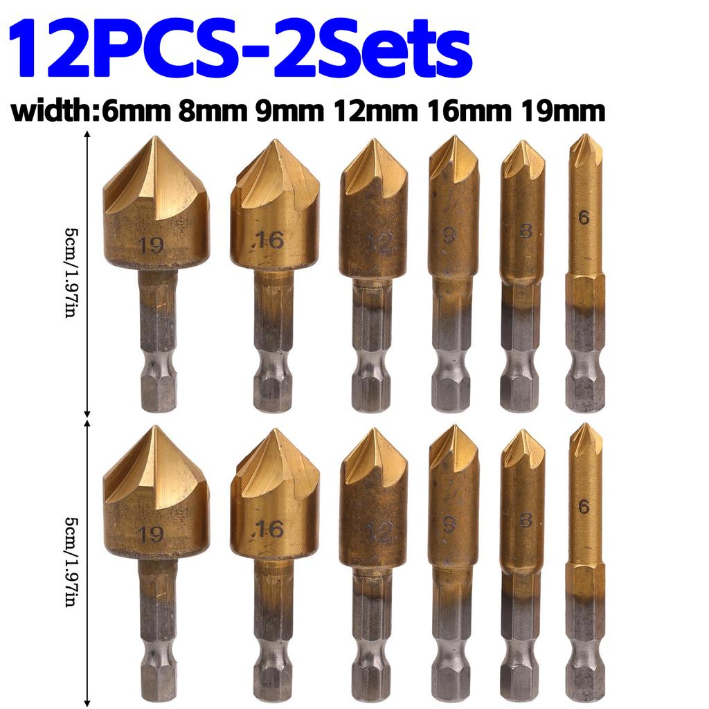 12/6Pcs Countersink Drill Bit Set Hex Shank 90 Degree Center Punch Drill for Wood Fiberboard and Aluminum Beveling Supplies