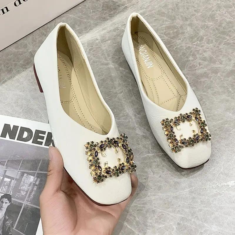 Fashion With Crystals Green Shoes for Women Diamond Square Toe Woman Flats Rhinestone on Promotion Low Price Chic and Elegant Wholesale