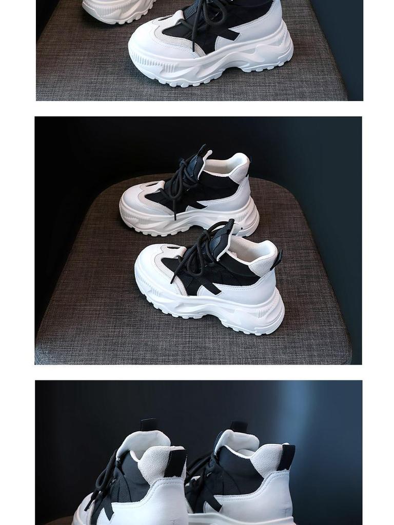Women's Thick-Soled High-Top Dad Shoes: New 2022 Autumn/Winter White Platform Cowhide Korean-Style Casual Sneakers