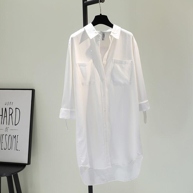 Spring and Autumn Women s Clothing Shirt Medium Long Containing Cotton Shirt Loose Fit Long Sleeve Double Pocket Rolled Sleeve Thin Blouse S белый