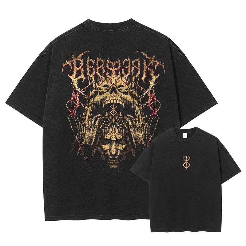 Japan Anime Berserk Graphic Washed TShirt Men Manga Cotton Tshirts Casual Vintage Gothic T Shirt Harajuku Male Street T-shirt