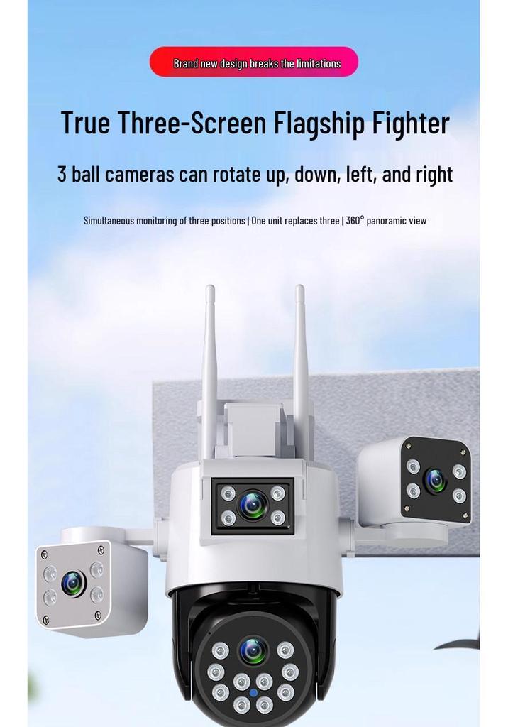 4G Rotating Surveillance Camera with Three Lenses, 360° Panoramic View, No Recharge Needed, Waterproof & Remote Access