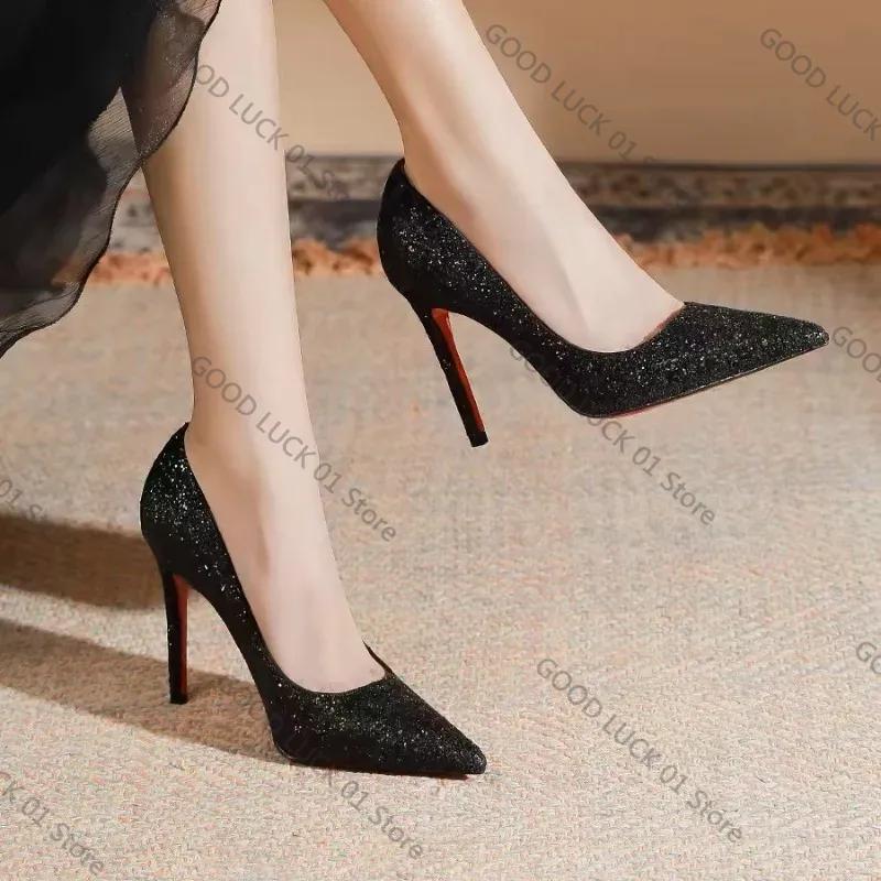 Fashion Fashion European Sexy Nightclub Slim High Heels Oversized Red Sole Women's Wedding Sequin Pointed Stiletto Heels Large Size 43