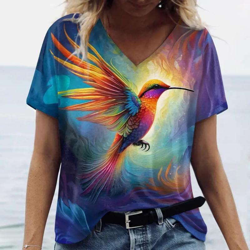 plus size 7XL Ladies' V-neck T-shirt 3D Printed Fashion Trend Bird Cat Dog Animal Print Short Sleeved Clothing Breathable Top T-Shirts Women’s