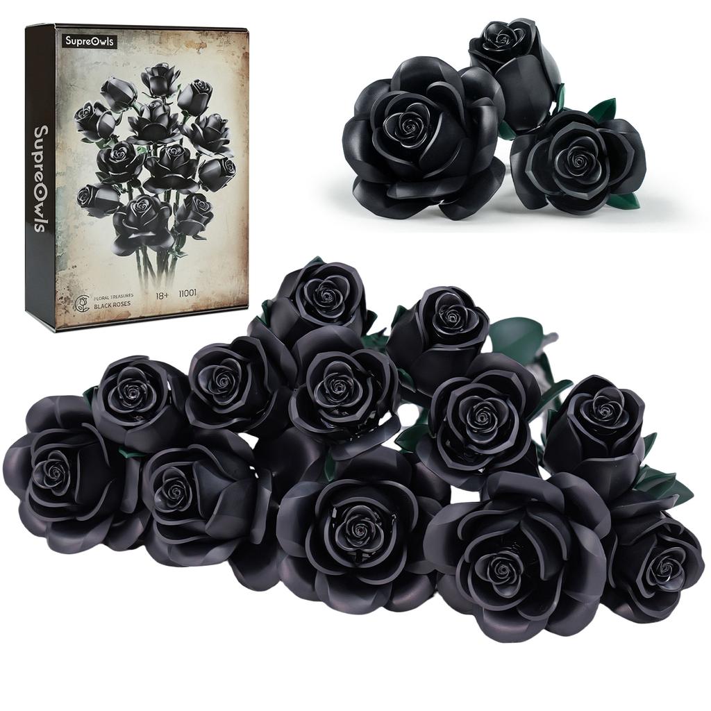12 st Svart Ros Byggkloss Set Växtbukett Högkvalitativa Simulerade Rosor Blommor Gotisk Dekoration Alla Hjärtans Dag Gåva