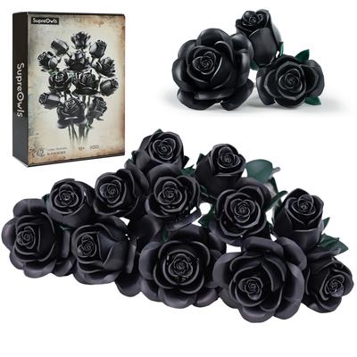 12 PCS Black Rose Building Block Set Plant Bouquet High Quality Simulated Roses Flowers Gothic Decoration Valentines Day Gift