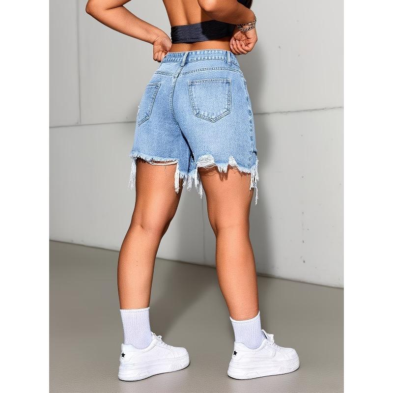 Ripped Burr Jeans Women s Summer High Waist Washed Straight Five-Point Pants Stylish Light Wash Raw Edge Casual Shorts S светло-синий