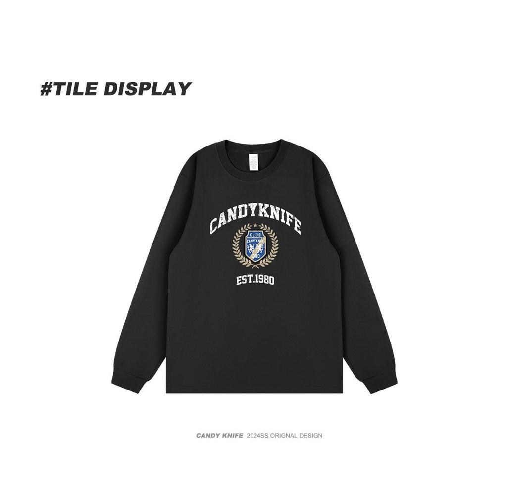 New Streetwear Retro Logo Print Ribbed Cuff Long Sleeve T-Shirt for Men & Women