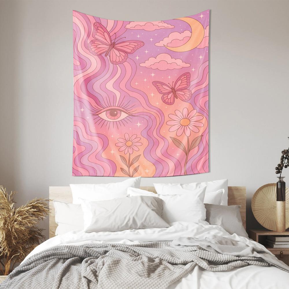 Dreamy Pink Butterfly  Flower Tapestry Artistic Wall Hanging Decor for Bedroom  Living Room