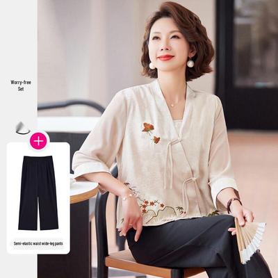 Pasite Chinese Style Button Cardigan Top & Pants Set for Women