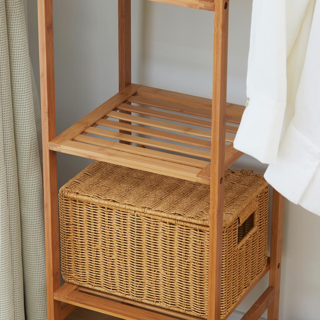 Bamboo Coat Rack with 6-Tier Shelving and Hanger Bar, 90x30x145cm, Natural Wood