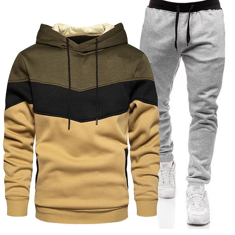 Sports Suit Men's Plus Loose Hooded Sweatshirt Sweatpants Color Blocked 2-piece Set Light Panel